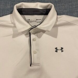 Under Armour Mens HeatGear Loose Fit Polo Shirt White Grey Logo Size Medium